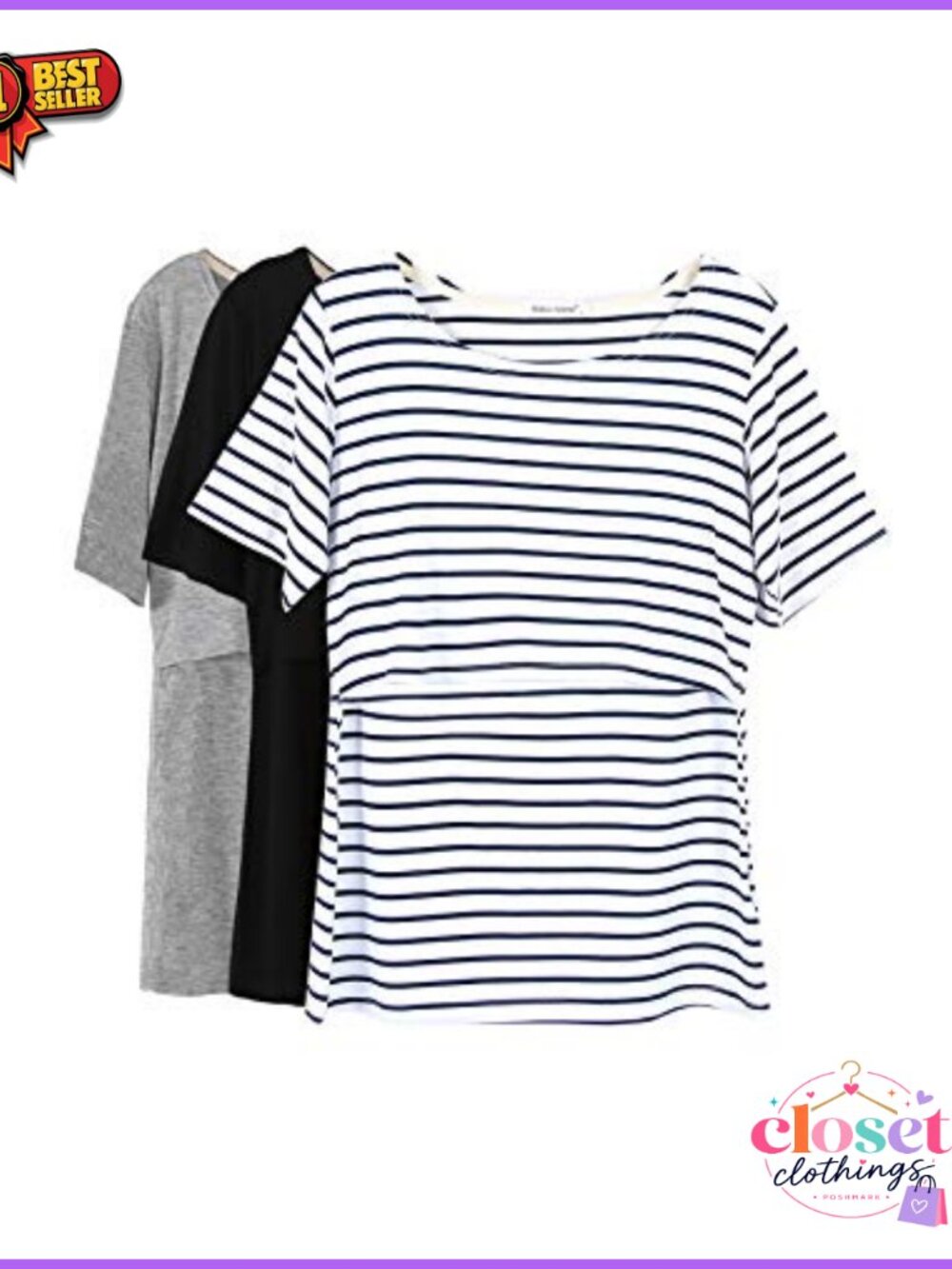 Maternity Nursing T-Shirts 3-Pack Short Sleeve Crew Neck Stretchable Modal